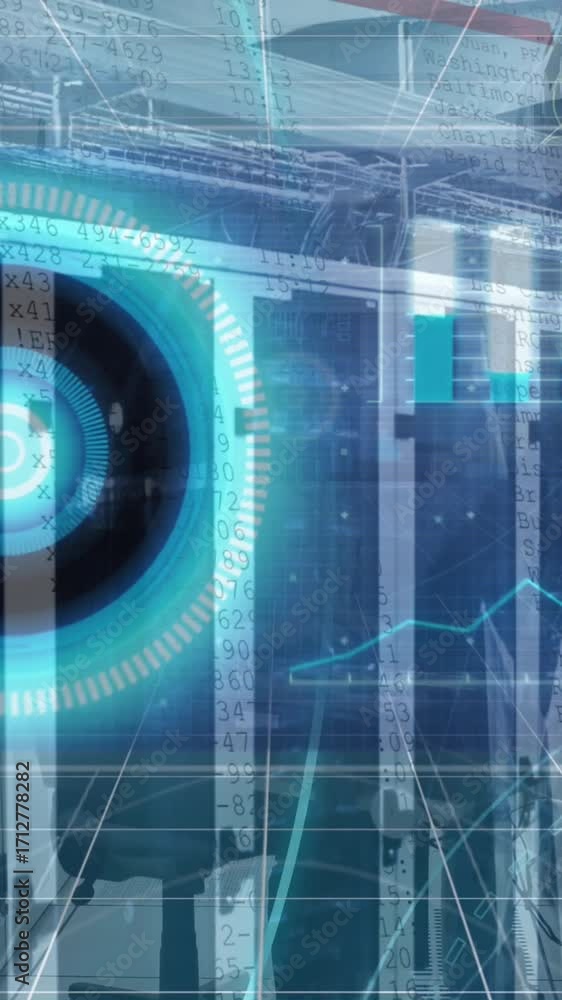 Poster animation of scope scanning and data processing over tech room with computer circuit board