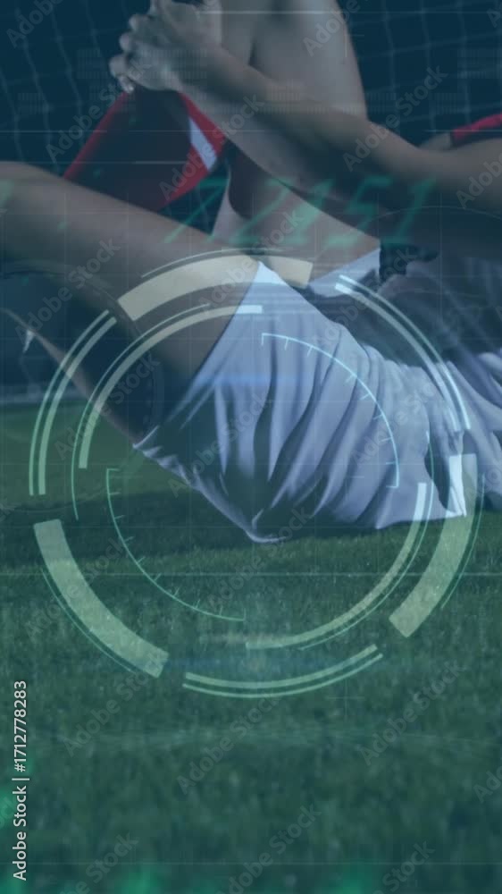 Aufkleber animation of scope and data processing over diverse male football players exercising in field