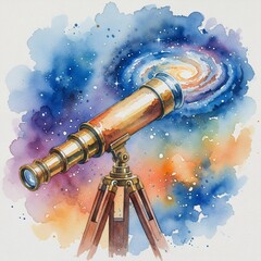 Vintage Telescope Observing a Vibrant Watercolor Galaxy.