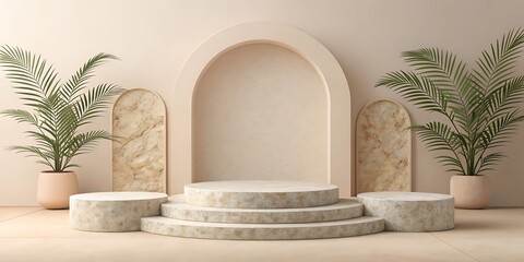 Fototapeta premium Tiered Stone Pedestal Stage with Arch and Potted Plants display platform