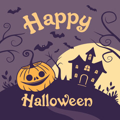 Spooky Halloween vector illustration featuring a haunted house, glowing full moon, scary pumpkin face, flying bats, and eerie trees. Perfect for Halloween party invitations, posters, greeting cards, a