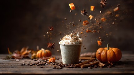Top-down view pumpkin spice latte, dynamic flying ingredients: pumpkin cubes, cinnamon sticks, coffee beans, mid-air motion, wooden table, freeze-frame effect, advertisement, seasonal promotion.