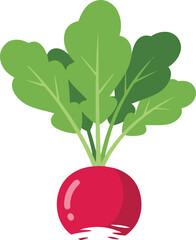A vibrant illustration of a radish, rendered in a pixel art style. The deep red root contrasts beautifully with the bright green leaves, creating a fresh and appealing visual.