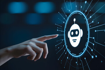 Finger touches a chatbot icon representing artificial intelligence and automation technology concept
