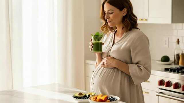 A pregnant woman in a kitchen drinking a green smoothie and holding her baby bump. Healthy food options are on the table. Pregnant Woman Drinking Smoothie in Kitchen. 