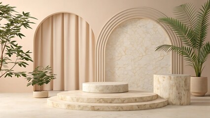 Tiered Pedestal Display with Plants and Curtains in a Neutral Studio stage platform