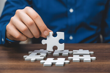 Hand placing a white jigsaw puzzle piece on a wooden table for a complete solution