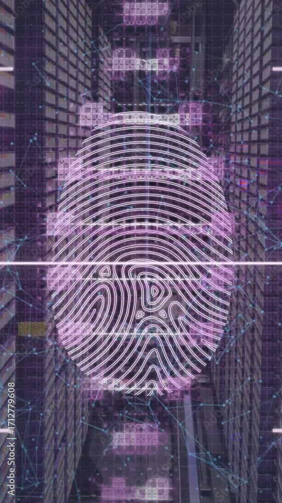 Poster animation of dna structure spinning over biometric fingerprint scanner against computer server room