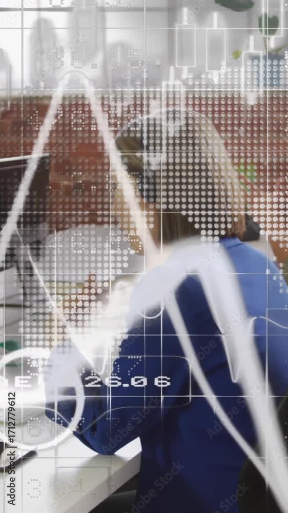 Poster animation of graphs, numbers, blockchain, woman talking on headphone and using on computer