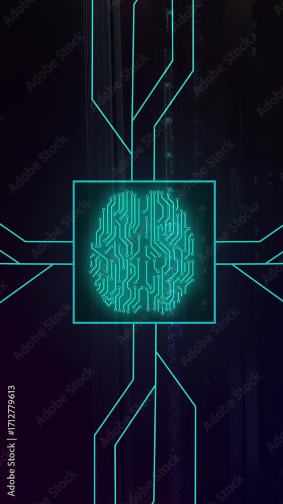Poster animation of illuminated circuit board pattern around brain in square over server room