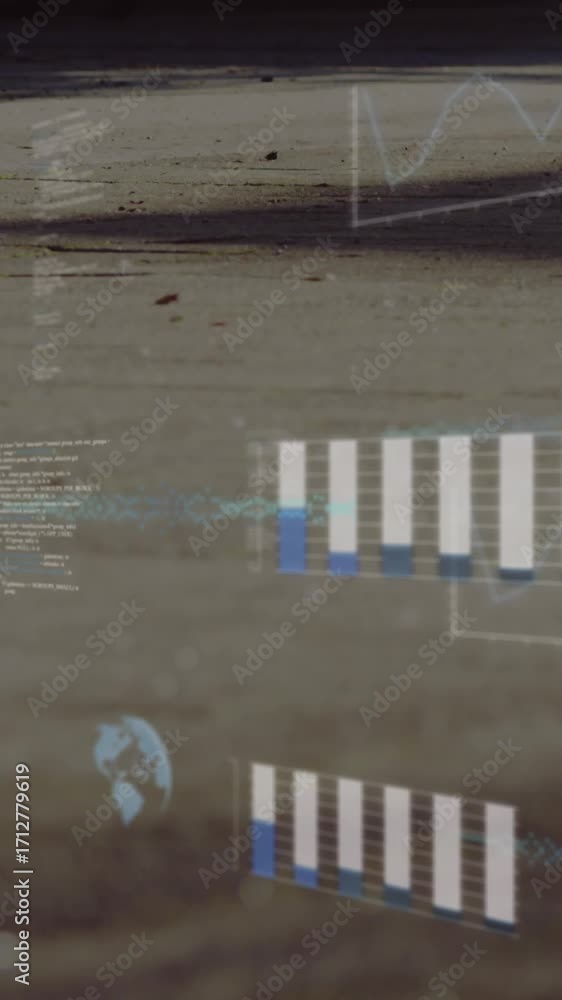 Aufkleber animation of graphs, globes and computer language over low section of people walking on street