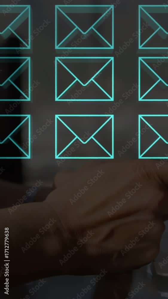 Poster animation of multiple message icons against mid section of man using smartphone at office