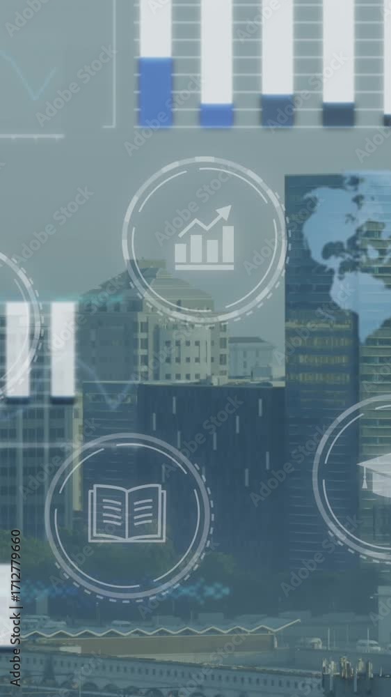 Aufkleber animation of multiple digital icons and data processing against aerial view of cityscape