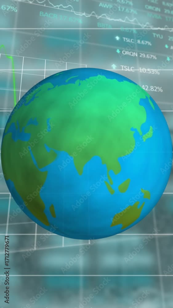 Poster spinning globe icon over stock market and financial data processing against empty office