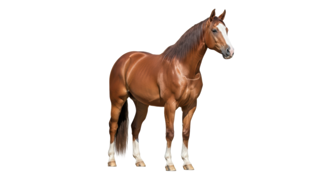 Isolated chestnut horse standing, facing right, with white markings on a solid surface