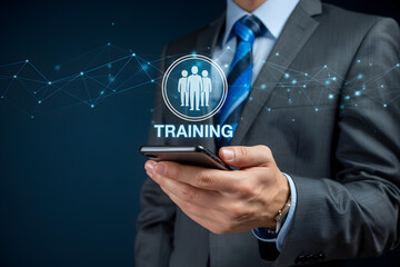 Businessman uses smartphone for online training and development in a corporate learning environment