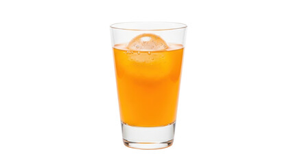 Isolated glass of bubbly orange soda with round ice sphere floating, refreshing beverage