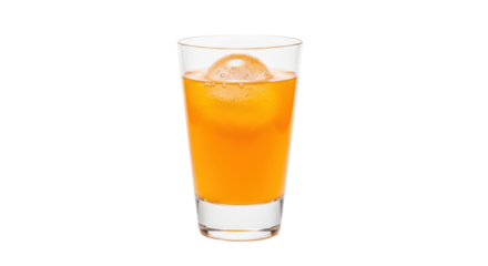 Isolated glass of bubbly orange soda with round ice sphere floating, refreshing beverage