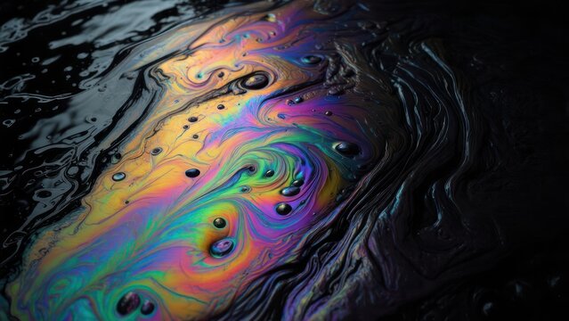 Colorful oil slick on dark water