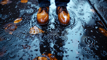 Stylish shoes on wet pavement as raindrops create ripples and autumn leaves float in puddles.