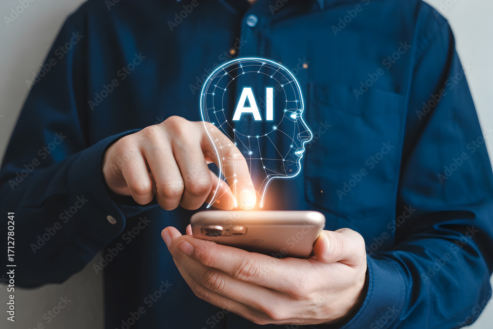 Poster man interacts with ai on smartphone showcasing artificial intelligence technology and digital transf