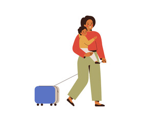 mother and child with hand luggage at the airport. young woman hold her son on hands and going with suitcases in the hall departure terminal. family travel by plane with kids. Vector