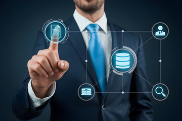 Businessman interacts with digital interface for data management and cloud computing solutions online now