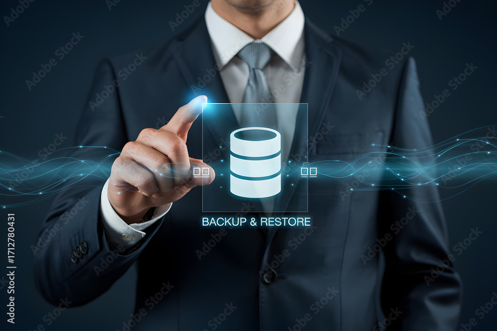 Poster businessman touches backup and restore icon on a digital interface for data management and security