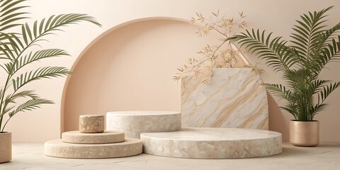 Minimalist display podiums with marble and plants in soft neutral tones stage platform