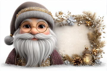 Santa Claus with round glasses, white beard, and knitted hat near frame holiday decorations, including pine branches, pinecones, ornaments, and glowing lantern.