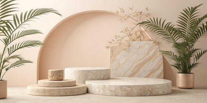 Minimalist display podiums with marble and plants in soft neutral tones stage platform