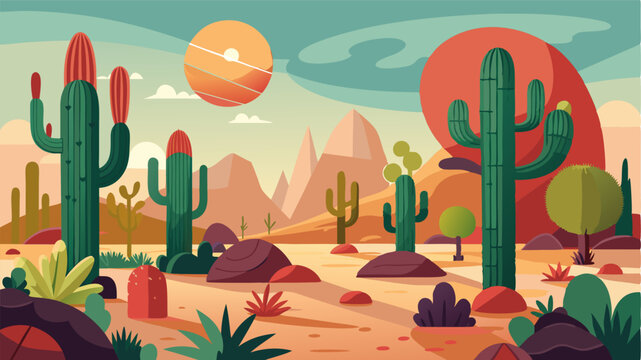 A desert garden filled with a varied display of cacti from small spherical plants to towering multiarmed giants.