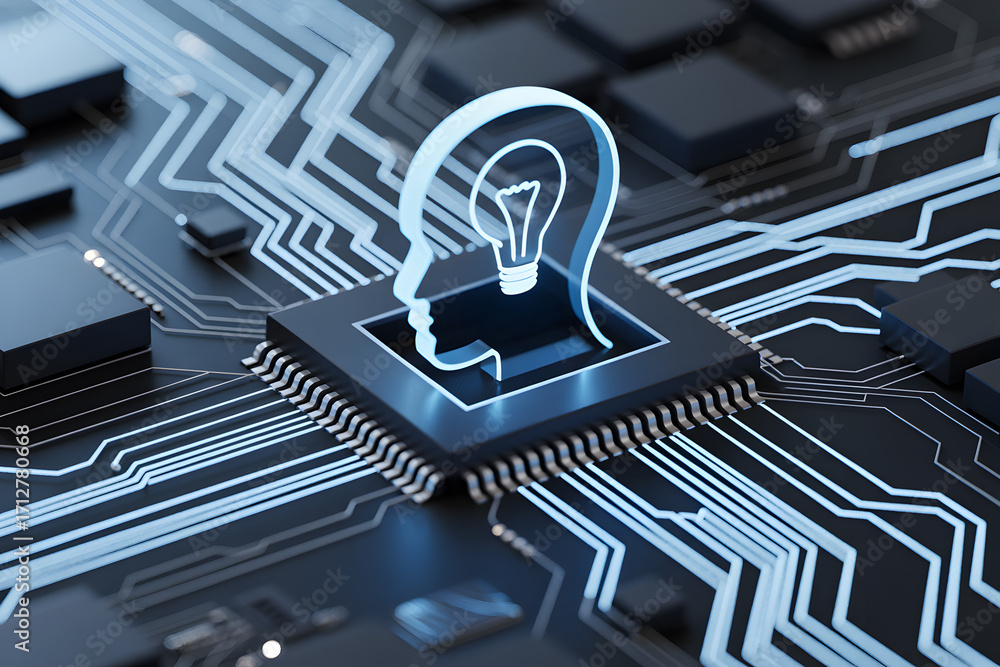 Poster artificial intelligence concept with a human head and lightbulb on a computer chip design