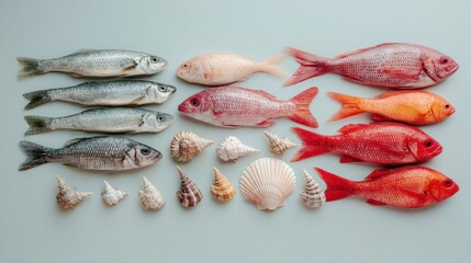 Assorted fresh seafood arrangement with seashells on blue background,World Fisheries Day