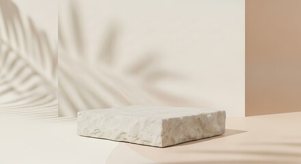 Rectangular stone podium with textured surface and leaf shadows on a neutral background display product