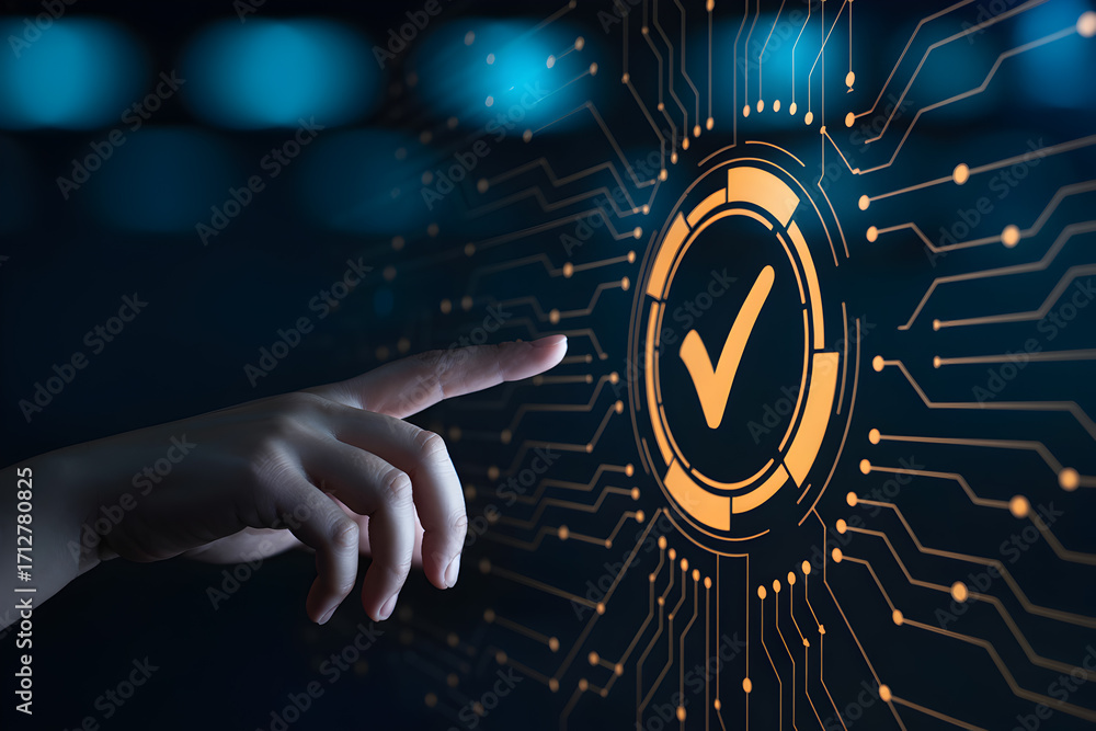 Poster finger touches a digital check mark on a futuristic interface representing approval and technology