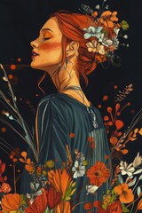 Young woman with red hair surrounded by vibrant flowers, wearing a beautiful shirt, showcasing a colorful illustration that embodies nature and beauty in a harmonious composition