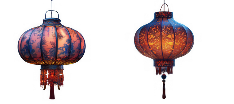 Two decorative chinese lanterns isolated on transparent background, each featuring intricate designs and warm, inviting light, perfect for adding cultural flair