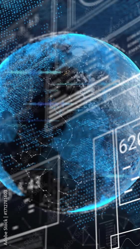 Aufkleber animation of data processing and globe on black background