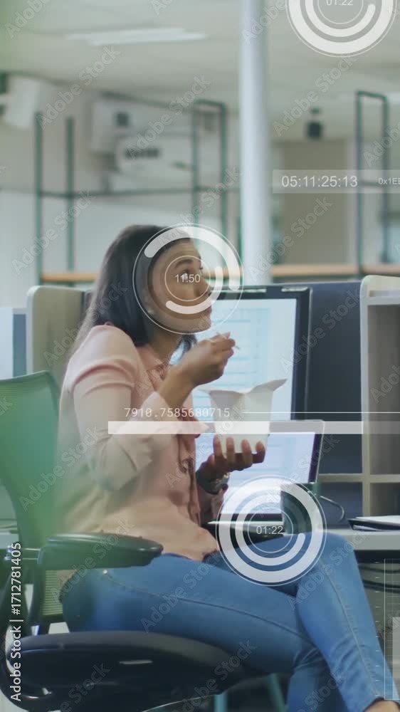 Aufkleber animation of financial data processing over diverse colleagues discussing work in office