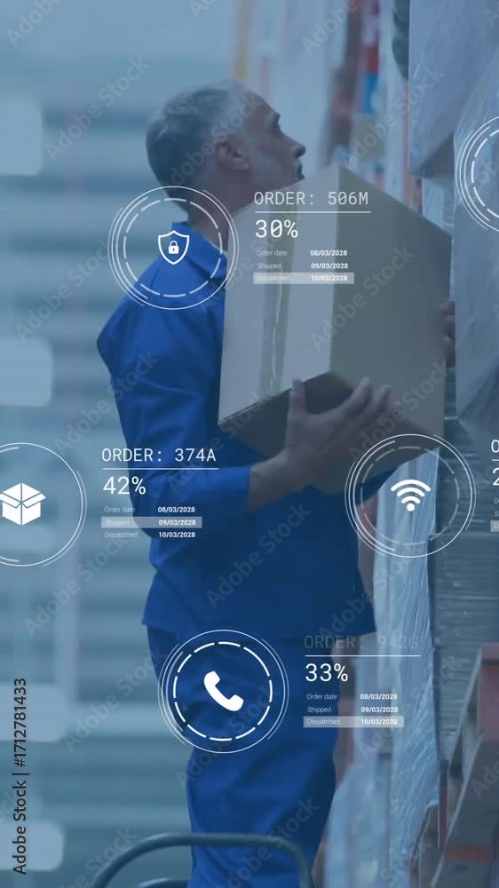 Poster warehouse worker stacking boxes, logistics data processing animation over scene