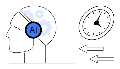 Human head with AI icon and gears symbolizes artificial intelligence. Arrows and clock represent time, direction, and efficiency. Ideal for technology, innovation, progress, automation, productivity