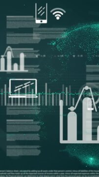 Animation of computer icons and programming language moving over globe