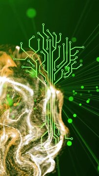 Merging digital circuit animation with swirling golden textures on green background