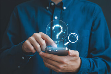 Person uses smartphone with question mark and magnifying glass icons for information search online