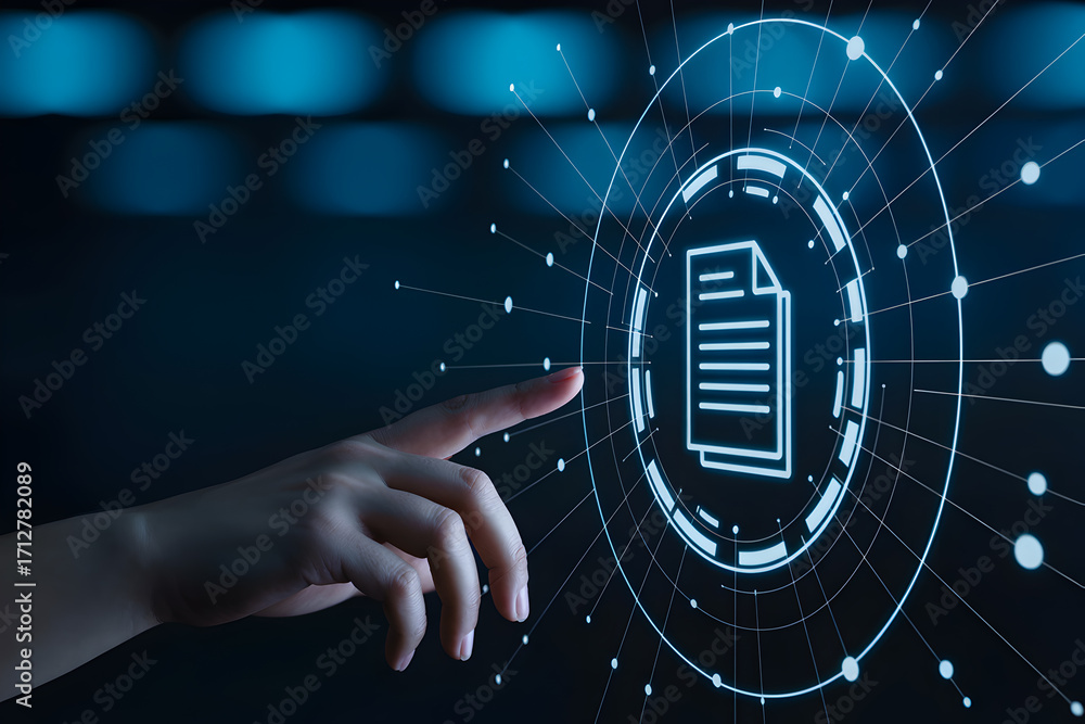 Poster finger interacts with digital document icon on a futuristic interface with glowing lines and circles