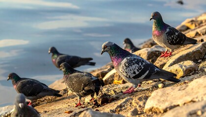 Pigeons on rocks by water at dawn