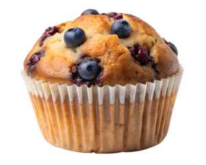 A delicious blueberry muffin in a paper liner, isolated on transparent background