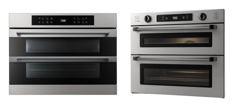 double oven with a digital display made of stainless steel material, against a white background.