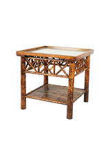 Square Bamboo Side Table with Glass Top and Lower Shelf PNG